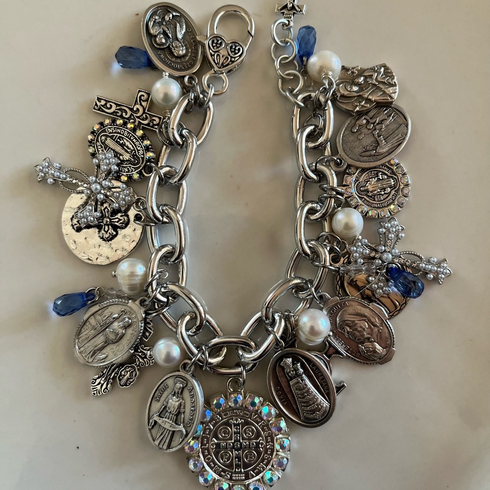 SOLD Charm Bracelet: St Benedict, Lenten Saints, Crosses, Freshwater Pearls - Picture 1 of 12